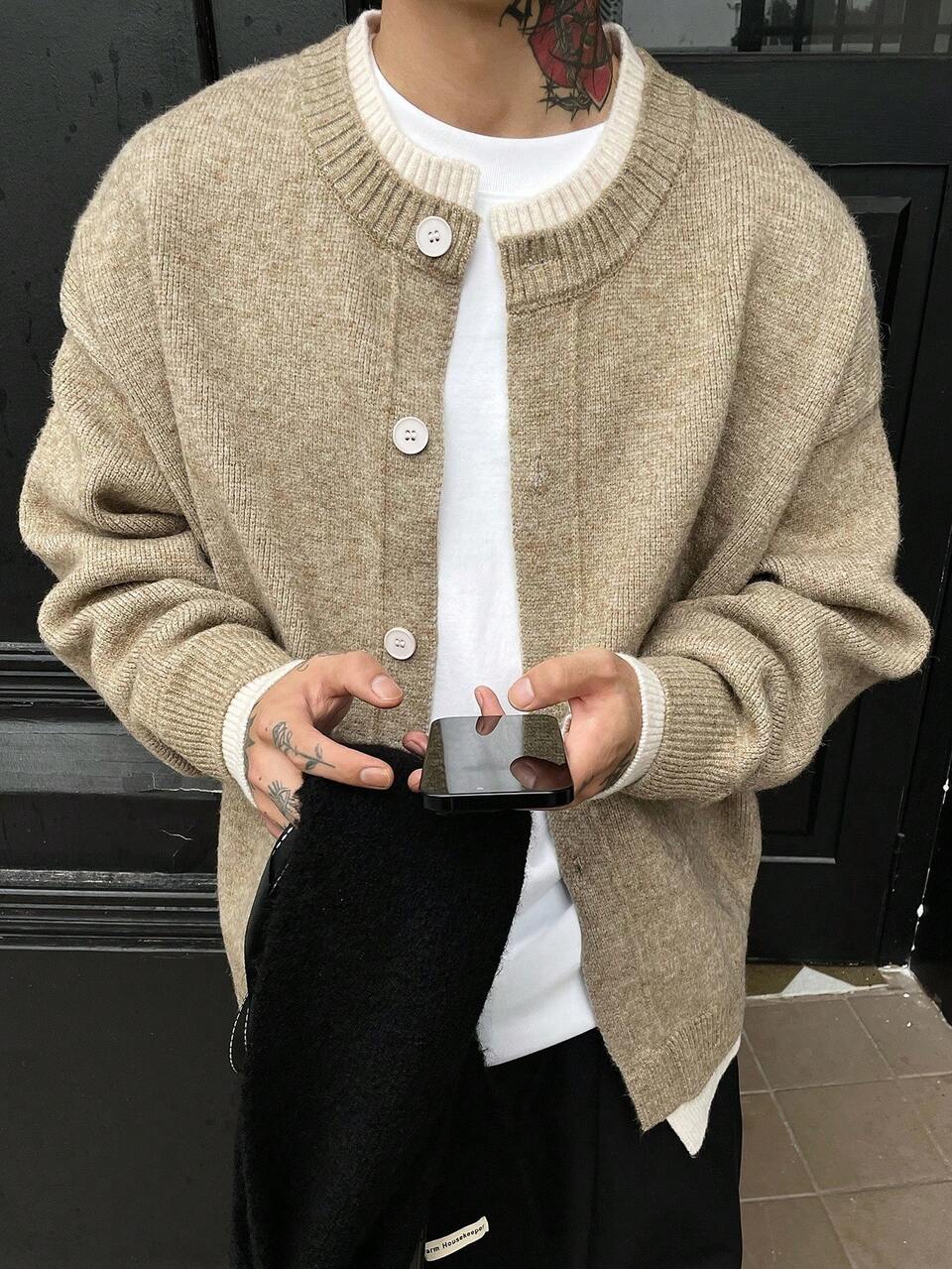 Men's Solid Color Contrast White Cardigan, Autumn, Grunge Style