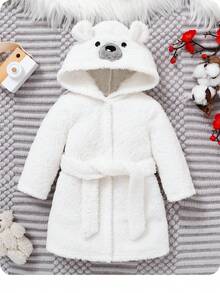 SHEIN 新生儿可爱熊刺绣 3D 耳朵加厚连帽腰袍 - 白色 - 查看 2