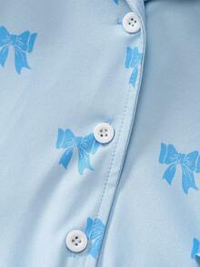 2件套女婴休闲可爱阻燃针织数码印花蝴蝶结领开衫和蝴蝶印花裤家居服套装 - 淺藍色 - 查看 7