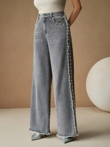 Anewsta Quần jean ống rộng rộng rãi họa tiết ngọc trai giả thời trang thường ngày cho nữ - Xám - Xem 4