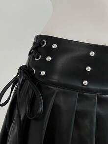 Elamini 1pc Black Studded Lace-Up Low Waist Pleated A-Line Mini Skirt, Versatile & Sexy, For Holiday & Outdoor Wear