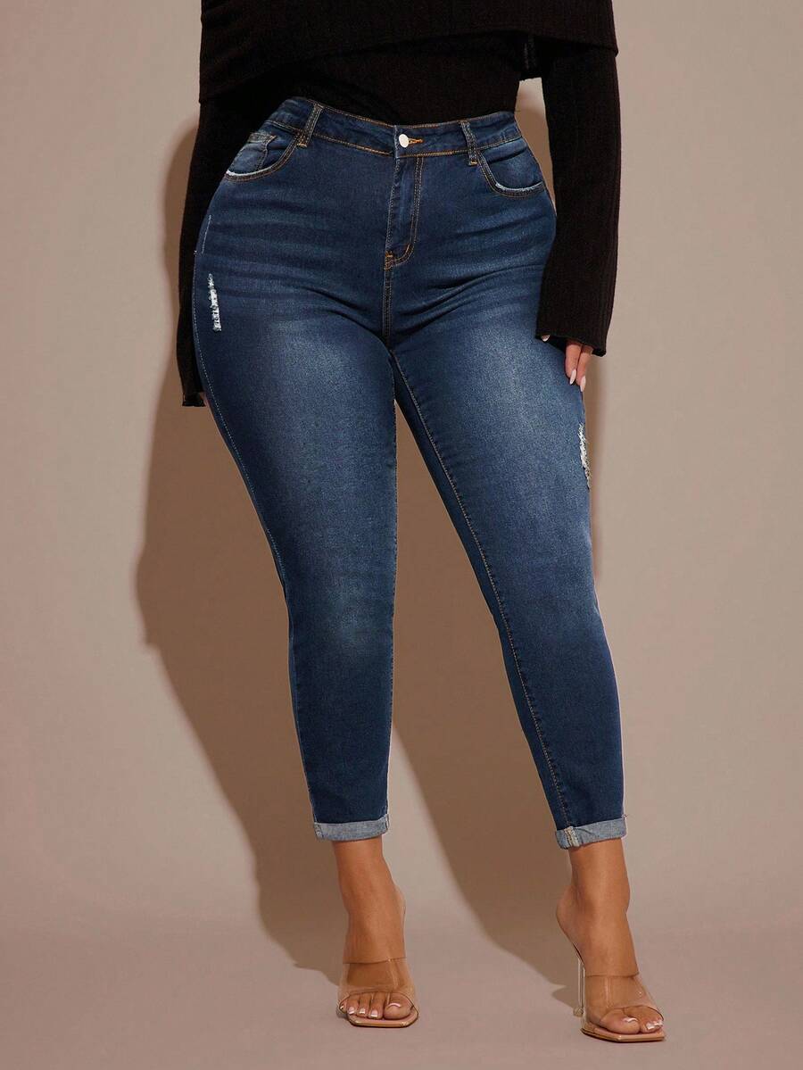 SHEIN BAE 大码女式破洞口袋紧身休闲牛仔裤 - 深色水洗藍 - 查看 1