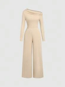 Sweetra 女式斜肩褶饰 V 腰休闲商务连体裤，深灰色 - 杏色 - 查看 1