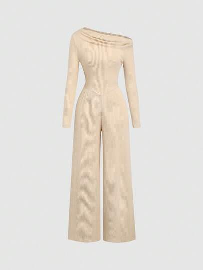 Sweetra 女式斜肩褶饰 V 腰休闲商务连体裤，深灰色