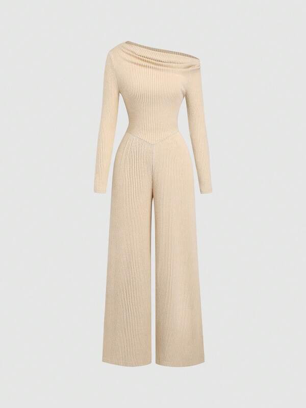 Sweetra 女式斜肩褶饰 V 腰休闲商务连体裤，深灰色