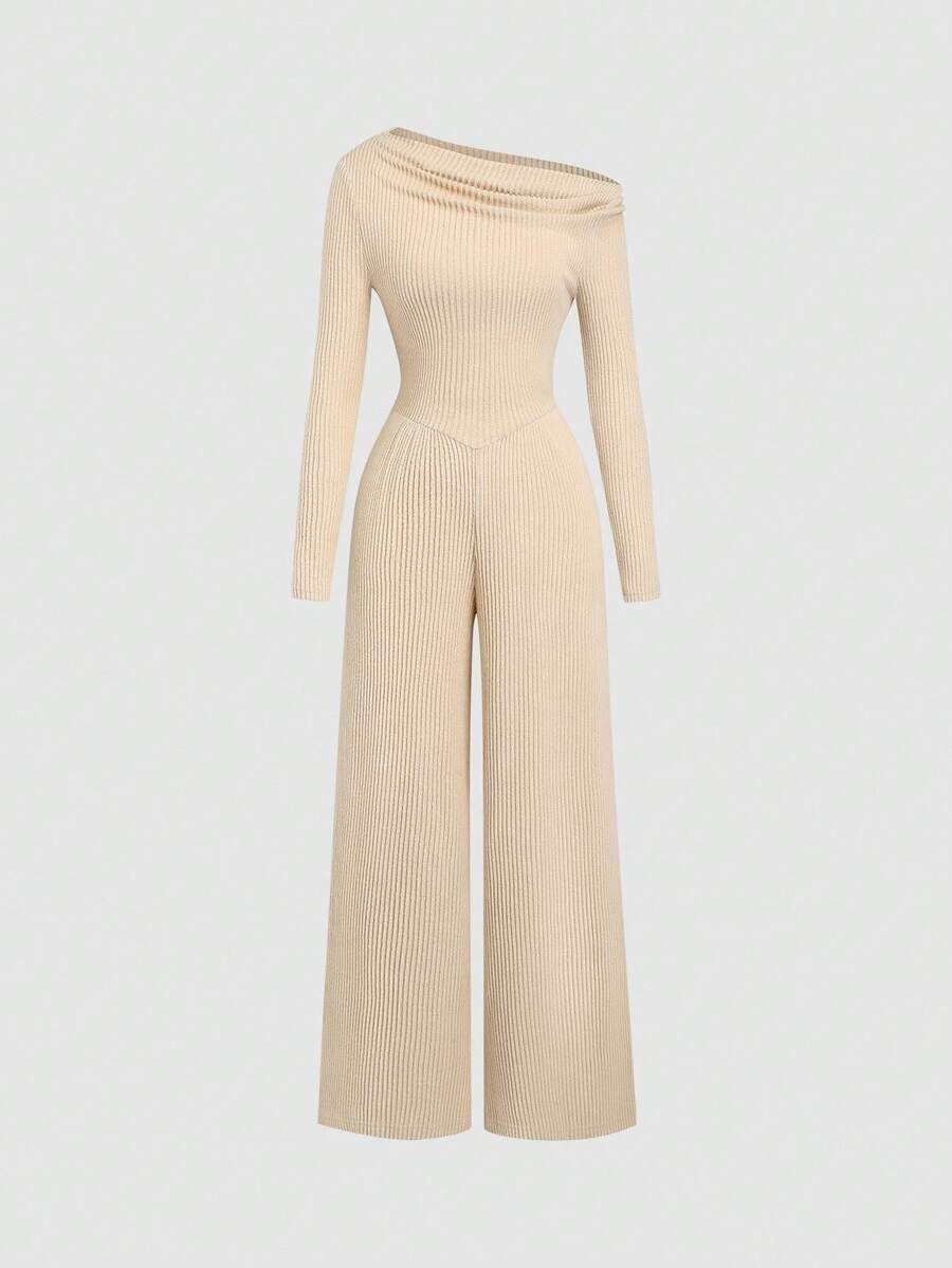 Sweetra 女式斜肩褶饰 V 腰休闲商务连体裤，深灰色 - 杏色 - 查看 1