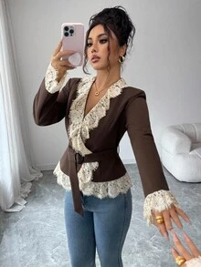 Elenzga Women's Elegant Fashion Commuter Casual Comfortable Charming Retro Gentle Lady Modern Romantic Holiday Autumn/Winter Long Sleeve V-Neck Cardigan With Belt, Waist Cinched, Lace Trim Patchwork Blazer