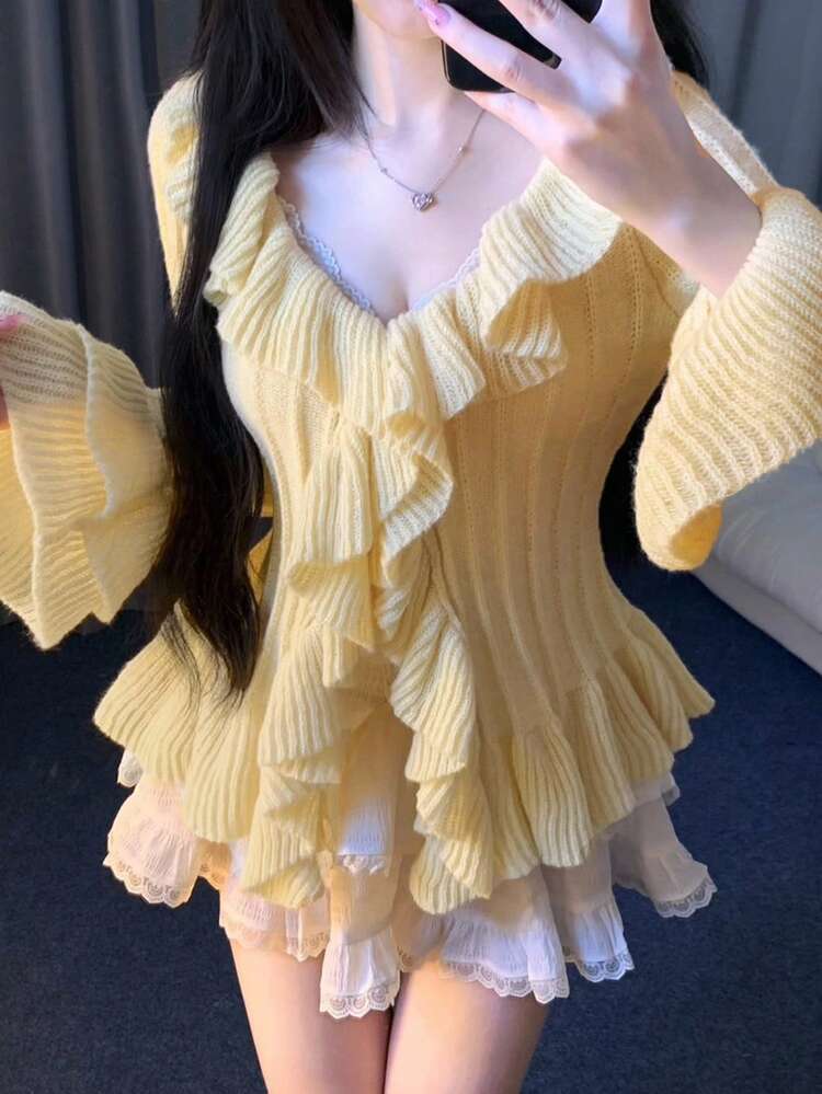 Women's Autumn/Winter Colorful Yellow Tight Knit Top With Layered Ruffle Trim, V-Neck, Bell Sleeves
