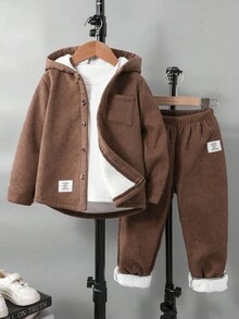Genkimix Kids Young Boy Casual Fleece Hoodie And Pants Set, Autumn/Winter - Brown - View 1