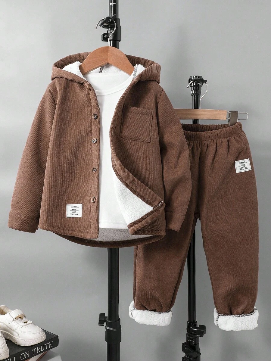 Genkimix Kids Young Boy Casual Fleece Hoodie And Pants Set, Autumn/Winter - Brown - View 1