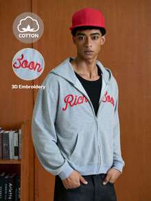 TOKVUE Áo nỉ có mũ trùm đầu in thêu túi khóa kéo dành cho nam, mùa thu - Màu Xám nhạt - Xem 3