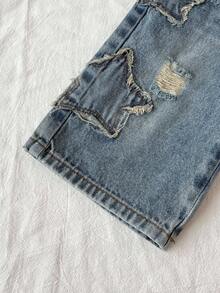 SHEIN Luźny, dżinsowy kombinezon dla chłopca w stylu vintage w kolorze niebieskim z przetarciami - Ciemny jeans - Zobacz 6