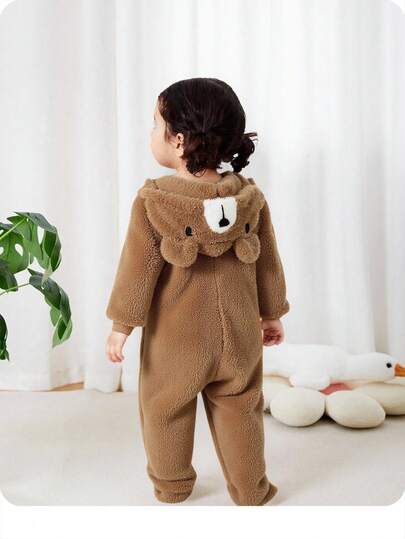 Nyfödd Baby Unisex Plysch Björnöra Djurhuva Dragkedja Footed Jumpsuit Baby Vinterjumpsuit Baby Vinterpälskläder Mocha Babykläder Baby Fleece Jumpsuit Babyjacka Jumpsuit Höst