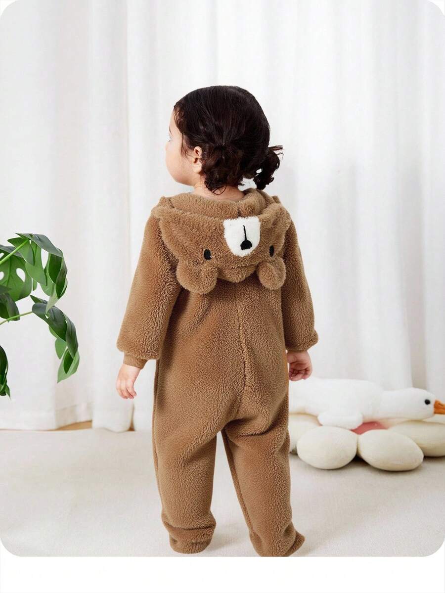 Newborn Baby Unisex Plush Bear Ear Animal Hooded Zipper Footed Jumpsuit Baby Winter Jumpsuit Baby Winter Fur Clothing Mocha Baby Clothes Baby Fleece Jumpsuit Baby Coat Jumpsuit Fall - Multicolor - View 1