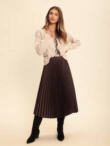 Coeurva High Waist Pleated Skirt - Brown - View 4