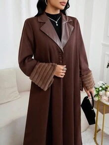 Al Najma Women's Elegant Patchwork Faux Fur Trim Abaya Robe, Autumn