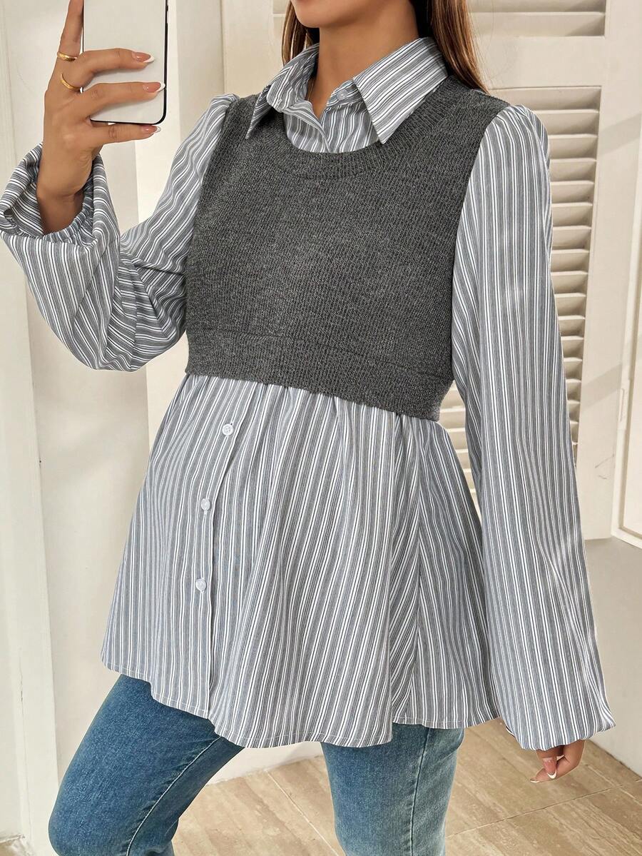 SHEIN Maternity Casual Patchwork Striped Lantern Sleeve Shirt, Autumn