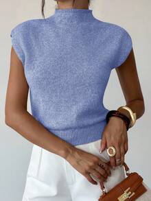 Firerie 优雅高领宽松休闲百搭无袖针织毛衣背心外出上衣女秋冬上学上衣 - 淺藍色 - 查看 6