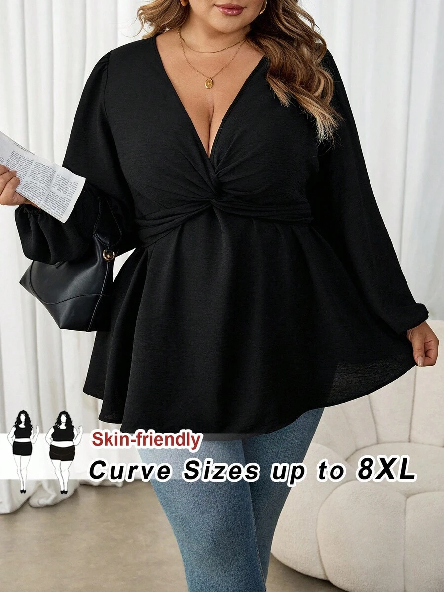 SHEIN CURVE+ Áo thun đen thường ngày phong cách Pháp cỡ lớn, Thu/Đông - màu đen - Xem 1