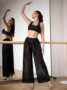 Menodora SHEIN Sport Women's Loose Semi-Sheer Black Sports Pants For Workout & Outdoor Activities - Black - View 7