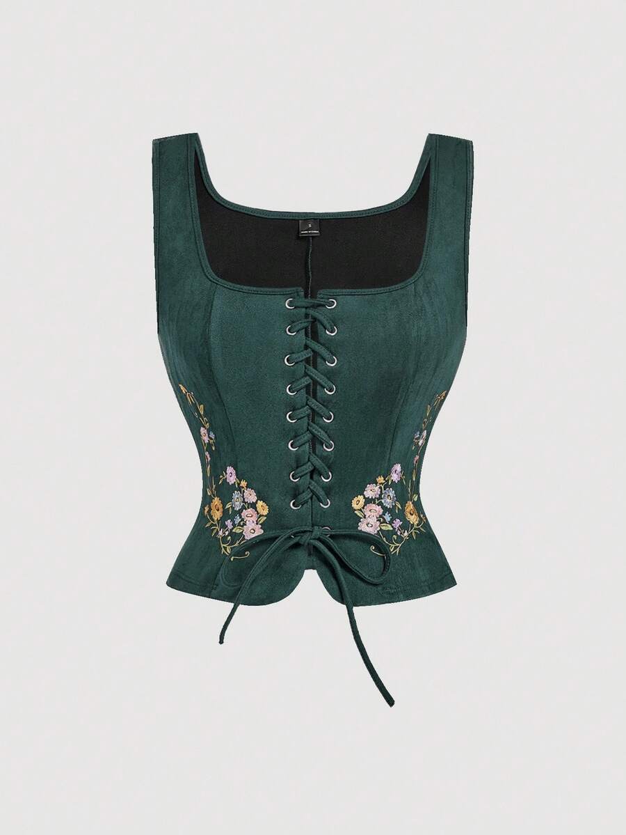 SHEIN MOD Áo tank top nữ màu trắng da lộn, màu xanh ô liu thêu họa tiết, kiểu dáng bohemian, thích hợp cho các lễ hội âm nhạc. - Màu xanh lá cây đậm - Xem 1