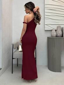 Jemour Women's Solid Color Casual Open Slit Oblique Shoulder Knit Dress - Burgundy - View 2