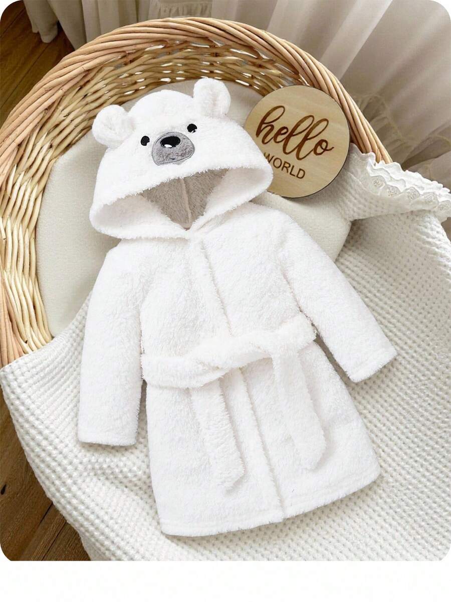 SHEIN 新生儿可爱熊刺绣 3D 耳朵加厚连帽腰袍 - 白色 - 查看 1