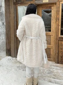 SHEIN EZwear 女士冬季加厚保暖休闲长袖仿毛皮大衣，时尚百搭，适合秋冬季、雪天、圣诞节等场合。 - 米色 - 查看 2