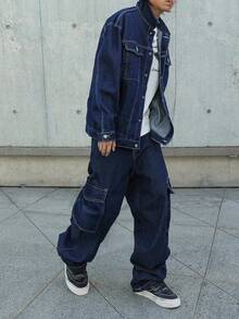 SHEIN 2Pcs Teen Boy Fashion Casual Y2k Vintage Cool Street Returns To School College Two Pieces Set Of Basic And Simple Dark Blue Denim Lapel Long-Sleeved Jacket With Contrasting Color Lines And Pocket Design Loose-Fitting Jeans For Kids Clothes Teen Boy Soft Dailywear And Kids Winter And Fall Rave Outfits Festival And Outfits Streetwear Clothes Denim Boys Outfit Y2k Street Vintage Washed Denim - Blue - View 6