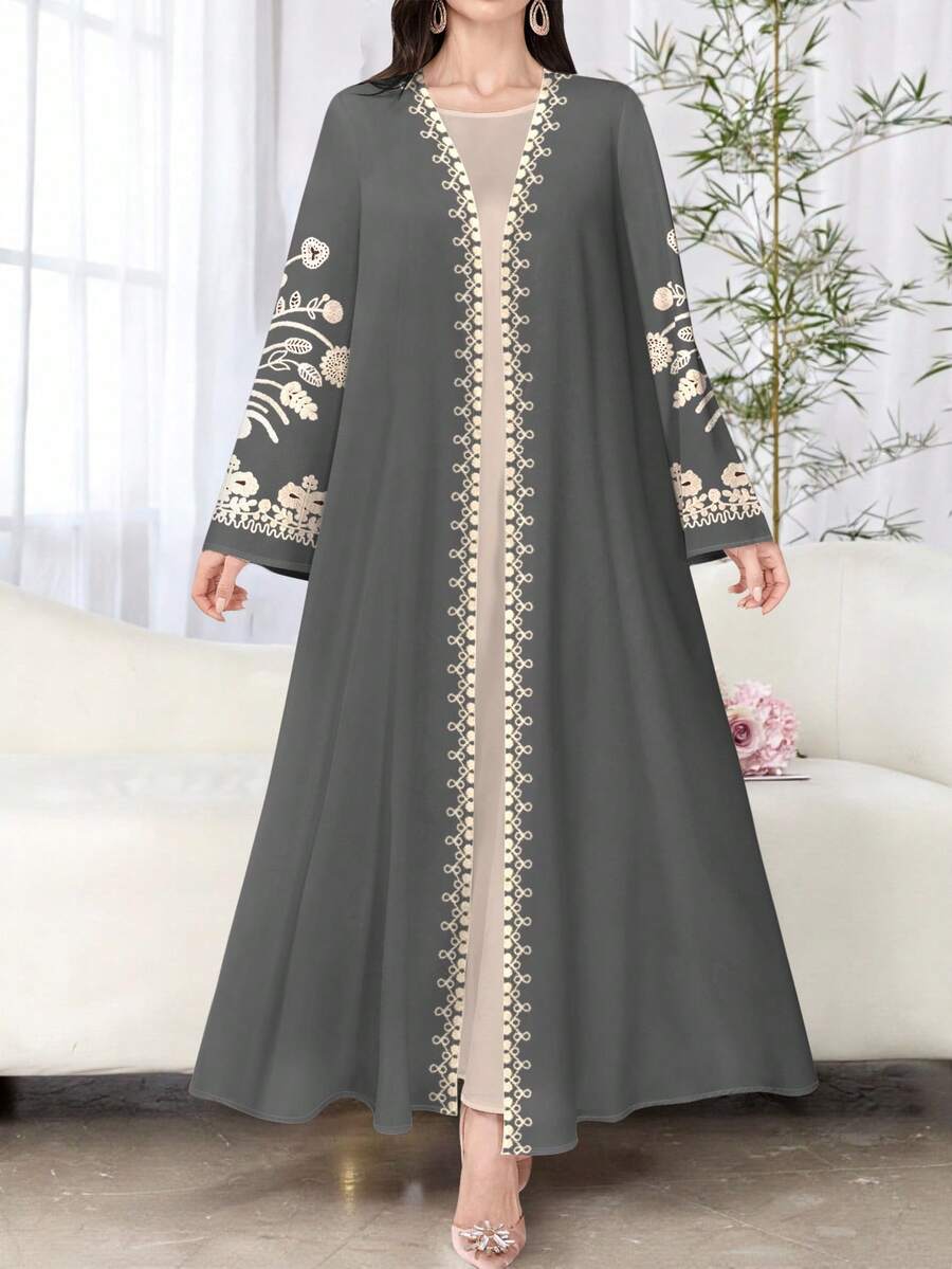 SHEIN Najma Women's Floral Print Elegant Long Sleeve Cardigan, Graceful Arabic Abaya Style, Suitable For Spring And Autumn