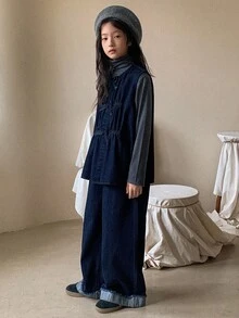 DAZY 女童时尚蝴蝶结牛仔背心和裤子套装 - 藍色 - 查看 3