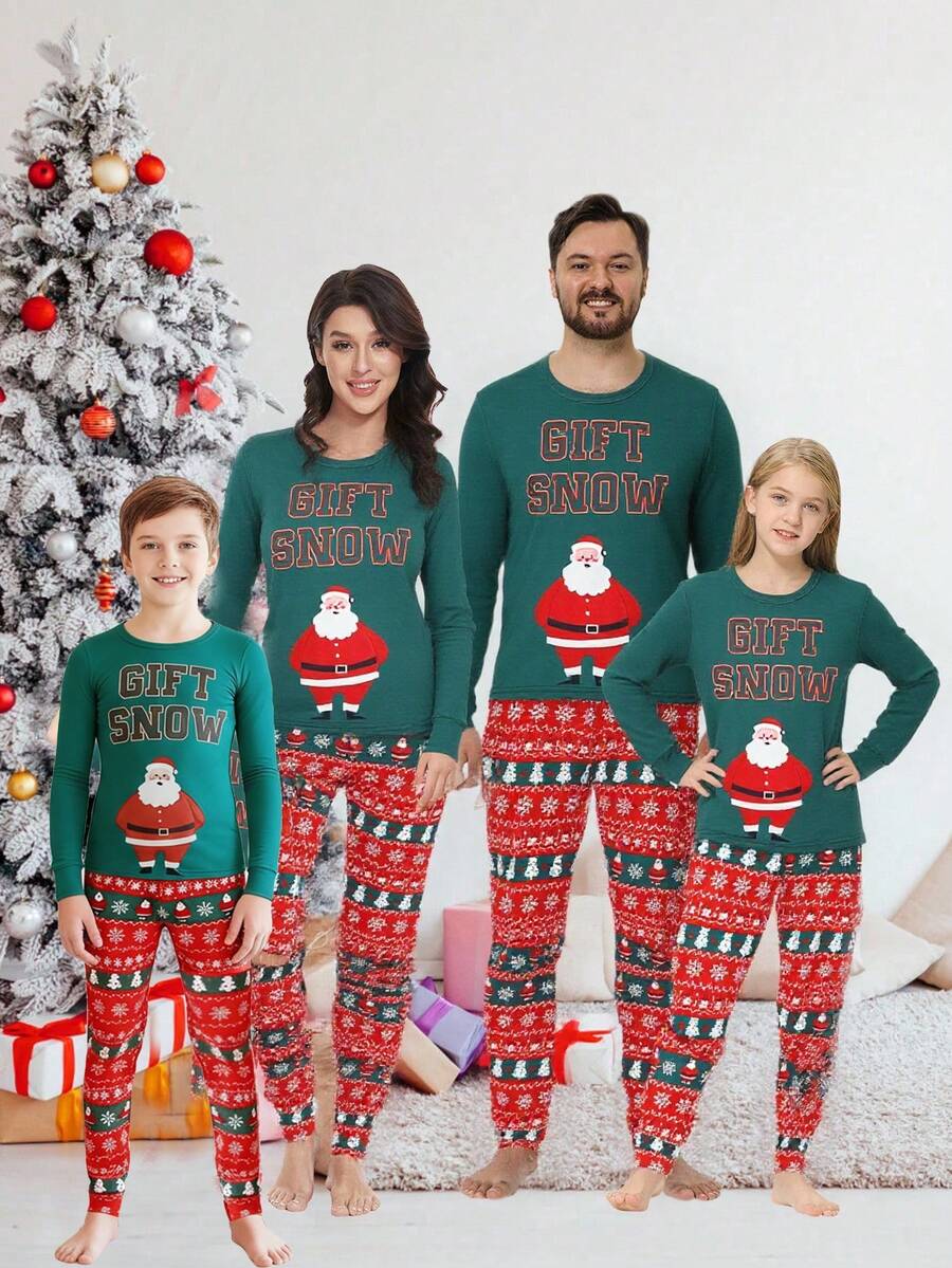 SHEIN Tween Boy Christmas Element Pattern Snug Fit Comfortable Long Sleeve Crew Neck Pajama Set, Suitable For Autumn/Winter - Green - View 1