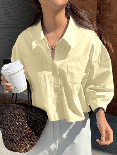 Jouncy Camisa casual de manga larga holgada de unicolor para mujer, para el verano