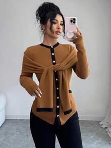 Rafferiza Women's Autumn And Winter Brown Commuting Round Neck Straight Shoulder Long Sleeves Contrast Color Slim Fit Stretch Knitted Cardigan, Winter Fall Autumn Fall New Year Thanksgiving Party Wedding Elegant - Multicolor - View 6