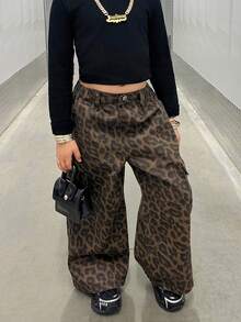 SHEIN 年轻女孩豹纹宽松阔腿牛仔裤