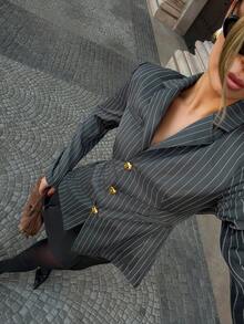 Siren Gaze Gray Striped Shaping Blazer With Belt, Business Casual Women's Fashionable Commuter, Can Be Paired With Blazer Dress For Women Women Suits, Office Clothes Women, Office Blouse, Autumn&Winter - Grey - View 1