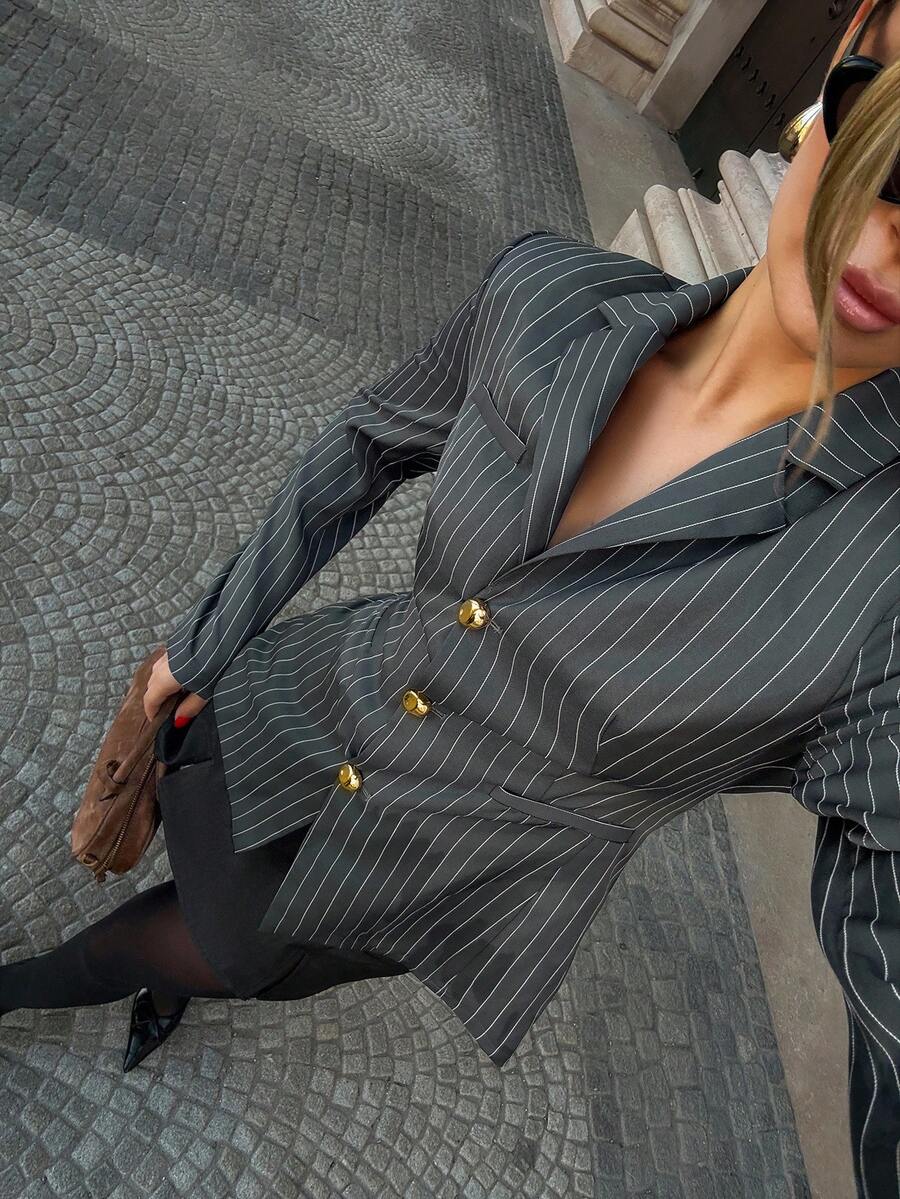 Siren Gaze Gray Striped Shaping Blazer With Belt, Business Casual Women's Fashionable Commuter, Can Be Paired With Blazer Dress For Women Women Suits, Office Clothes Women, Office Blouse, Autumn&Winter - Grey - View 1