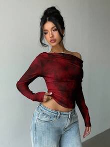 Aloruh Women's Asymmetric T-Shirt,Twist Knot Tie Dye Burgundy Dark Red Long Sleeve Knit Top,Seksi Chic Night Out Elegant For Autumn/Winter Dates Parties - Burgundy - View 5