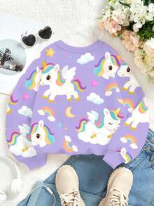 SHEIN Sudadera de manga larga de punto cómoda y holgada con estampado de unicornio arcoíris de dibujos animados, apropiada para otoño/invierno, para niñas jóvenes de uso casual y lindo - Multicolor - Ver 3