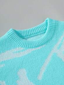 Manfinity Hypemode Men's Contrast Color Pattern Crew Neck Long Sleeve Knit Sweater, Fall/Winter - Teal Blue - View 3