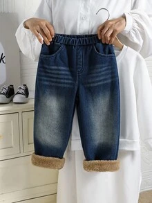 SHEIN 秋冬款年轻男孩休闲日常通勤百搭松紧腰保暖内衬牛仔裤