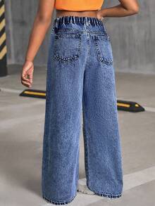 SHEIN Tween 女童 Y2K 春夏街头风破洞直筒牛仔裤，女童夏装 - 深色水洗藍 - 查看 2