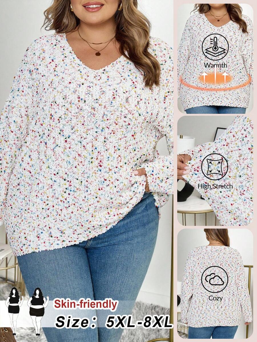 SHEIN CURVE+ Áo len chui đầu cổ chữ V nhiều màu sắc họa tiết lông xù cỡ lớn dành cho nữ, mùa thu/đông - trắng - Xem 1