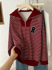 INAWLY 马球领拉链条纹字母贴片休闲长袖运动衫 - 酒紅色 - 查看 4