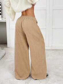 SHEIN EZwear 女式纯色松紧腰褶皱阔腿宽松休闲保暖内衬裤 - 駝色 - 查看 2