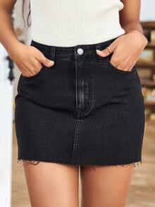 EMERY ROSE Plus Size High Waist Casual Denim Mini Skirt, Summer - Black - View 5