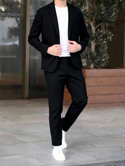 SHEIN Set de 2 piezas para niño preadolescente: Chaqueta informal de unicolor estilo caballero de verano y pantalones formales de cintura elástica, adecuado para fiesta de cumpleaños, evento formal, presentación, boda