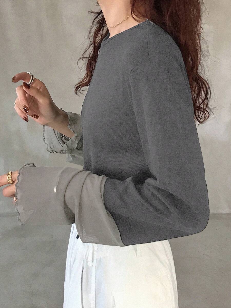 FRIFUL 女士圆领插肩拼接撞色拼接透明面料长袖宽松休闲套头衫,适合秋季 - 深灰色 - 查看 1