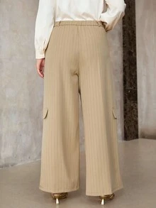 Flirla Pantalones rectos casuales y sueltos de talla grande para mujer, de cintura media con rayas tejidas - Caqui - Ver 2