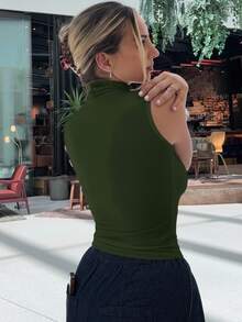 Jeta Ari Women High Neck Fitted Sleeveless Wrap Around Bodysuit - Dark Green - View 2